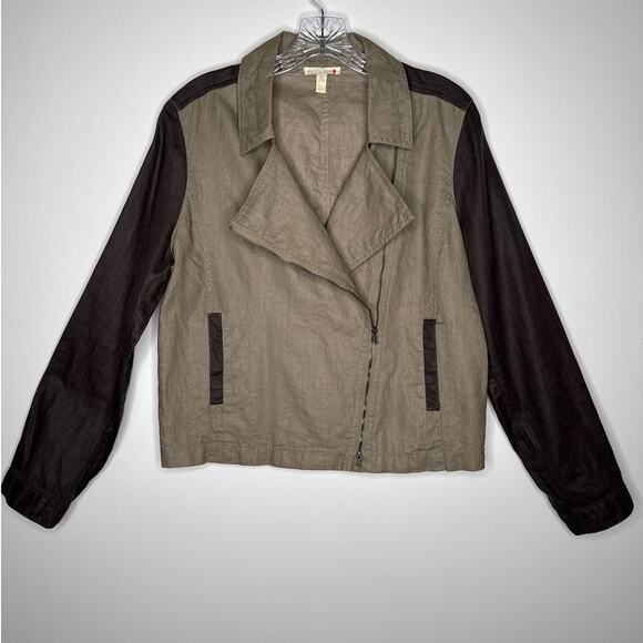 Green Eileen Fisher Organic Linen Moto Jacket Two-Tone Brown Medium - Picture 9 of 13